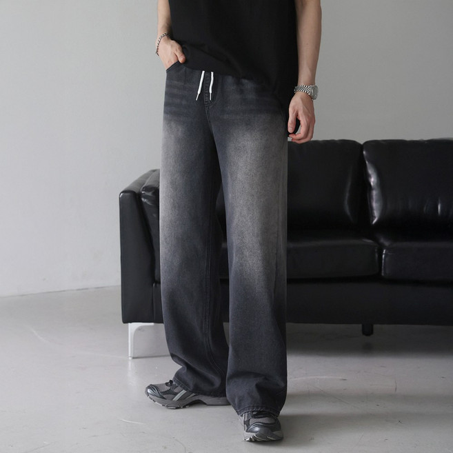 베이직바이블 남자 밴딩 와이드 데님 팬츠 여름 브러쉬 워싱 진청 연청 흑청