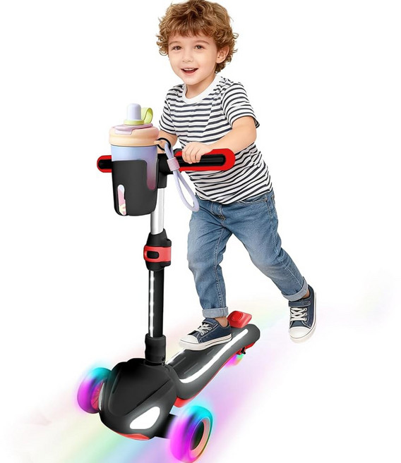 3-10세 휠 전동 스쿠터 수납 바구니 LCD 화면 전신 조명 켜기 와이드 데크 5mph 안전 속도, L Black