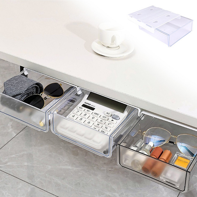 무타공 부착식 책상밑서랍 화이트, 1개, 투명