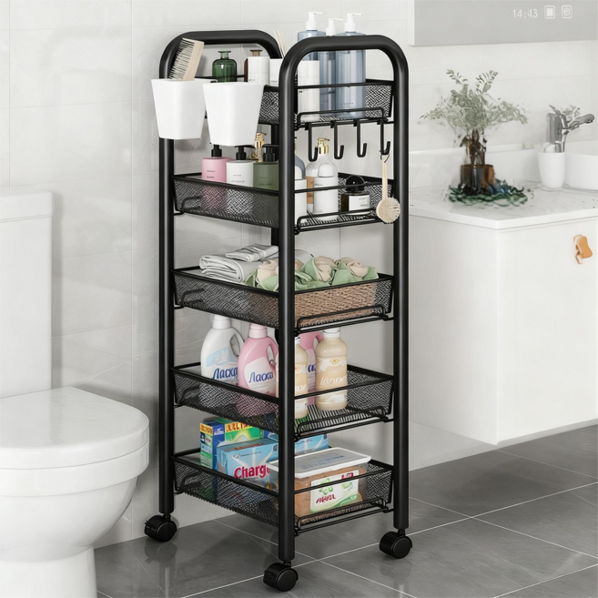 BangPang 철제 트롤리 이동식 트롤리 5단 틈새 트롤리 주방 카트, 블랙