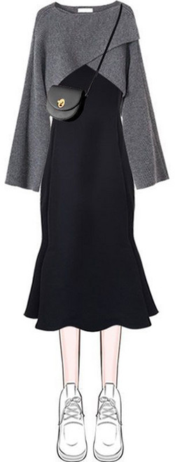 슬림소녀 여성 봄 가을 라운드 언밸런스 디자인 니트 슬림핏 나시 원피스 투피스 세트