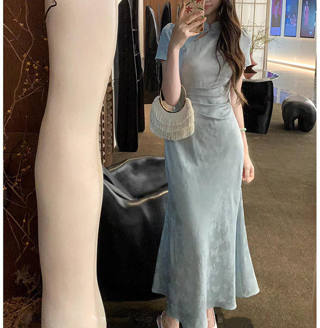 DIU 新中式復古改良旗袍女夏季暗紋提短袖連衣裙長裙, XL