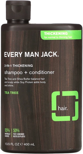 Every Man Jack 2-In-1 모발 강화 샴푸 및 컨디셔너 중성 및 가는 모발용 티트리 400ml(13.5fl oz), EveryManJack2In1모발강화샴푸및컨디셔너중성및, 1개, 400ml - 쿠팡