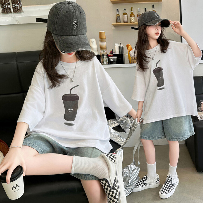 [유영] 여아 여름 주니어 상하복 세트 반팔+청바지 캐주얼 코디룩 초등학생 등원룩