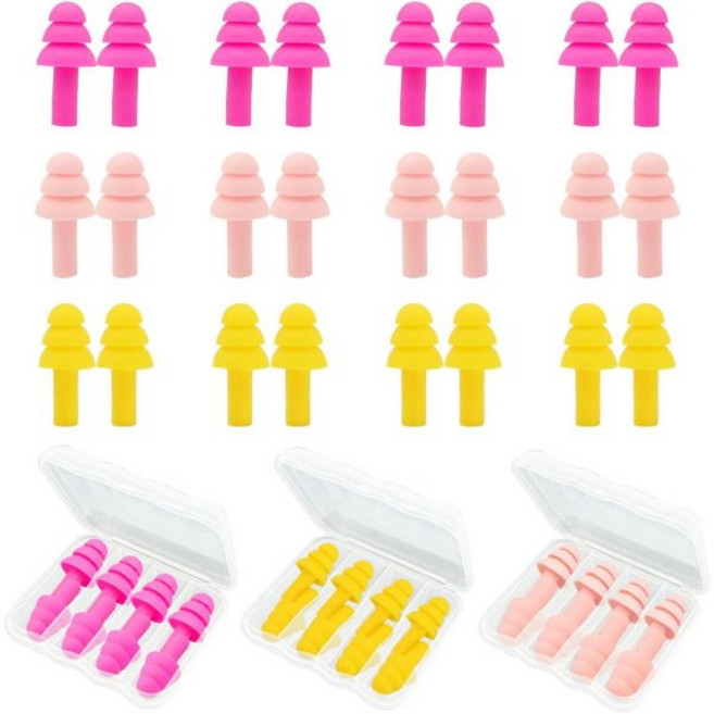 수면용 이어플러그 12쌍 이어플러그 소음 제거 소프트 실리콘 재사용 가능한 수면 콘서트 수영 공부 시끄러운 소음 코골이용 이어플러그(블랙 블루 퍼플)