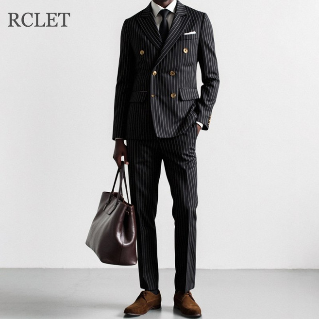 RCLET 남성 모던 스트라이프 더블 정장 수트 슬림 정장 수트 비즈니스 정장 수트