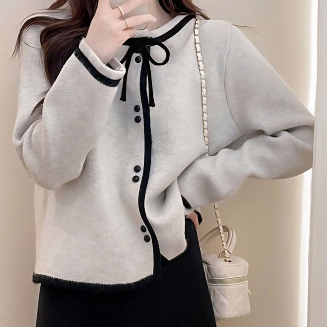 여성 봄가을 루즈핏 시크 리본 긴팔 니트 카디건LCL271