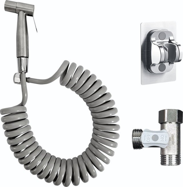 욕실 스프레이건 세트 EVA 황동스프링호스 + 접착식 거치대 + 황동 T 밸브, 실버, 5m