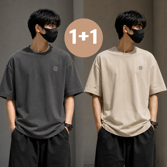 남성 루즈핏 스트릿 순면 반팔티 라운드넥 데일리 캐주얼 심플 티셔츠 1+1