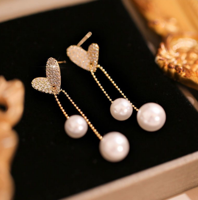 골드 하트 진주 롱 드롭 귀걸이 14K도금 S925 은침 골드귀걸이