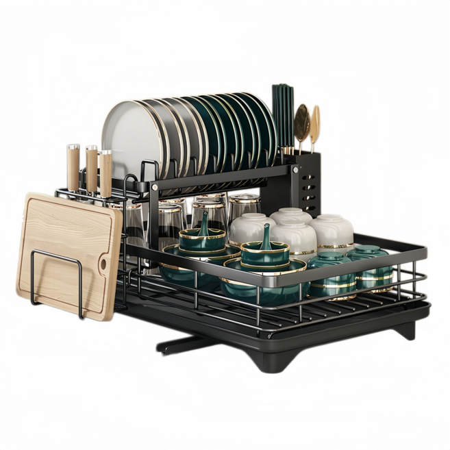 Tavoe공간 절약형 다용도 주방 식기 건조대 싱크대 물 조절 기능이 있는 다기능 이중 레벨 건조대T258-022, 1개, 검정색, 2단