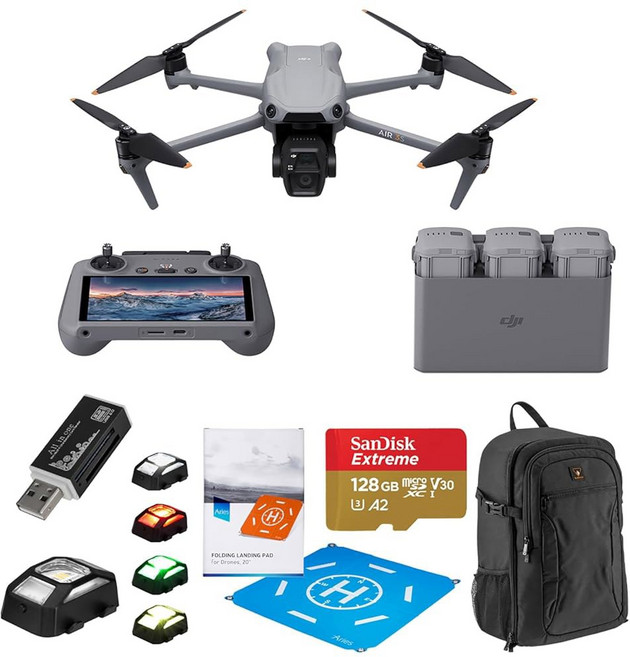 DJI Air 3S 플라이 모어 콤보(RC 2 스크린 리모컨) 드론 광각 및 중형 텔레 카메라 비행 시간 연장을 위한 전방위 감지 배터리 3개 + 액세서리 번들(플라이, Fly More Combo (RC 2)