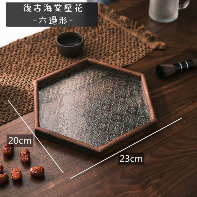 海棠花玻璃木托盤 點心盤 茶盤 儀式感餐具, 1個, 六邊