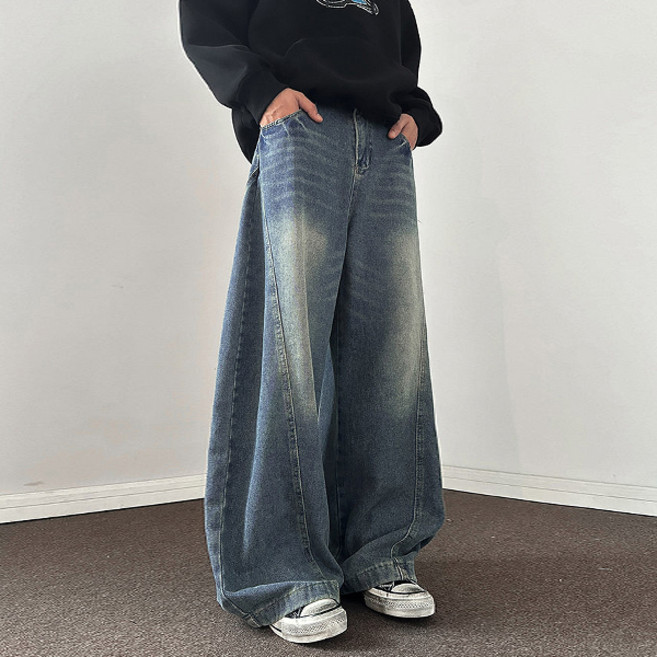 사선 커브 라인 워싱 와이드 데님 팬츠 MJ1414