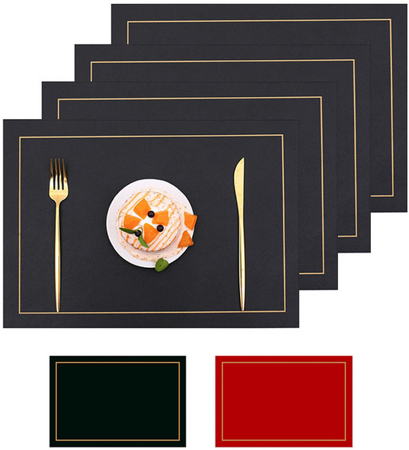 리몬 양면 방수 북유럽 가죽 사각 브런치 식탁 미끄럼방지 테이블매트 4p, 블랙레드, 4개, 43x30cm