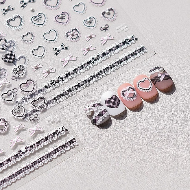 블랙 레이스 리본 네일스티커 JS, 1개