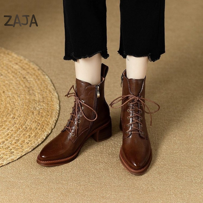 ZAJA 여성 가죽 미들 부츠 하이힐 가을겨울 부츠