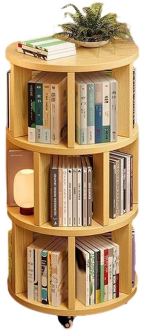 360度旋轉書架 落地式可移動書櫃, 黃水曲柳 三層款 簡單收納, 1層