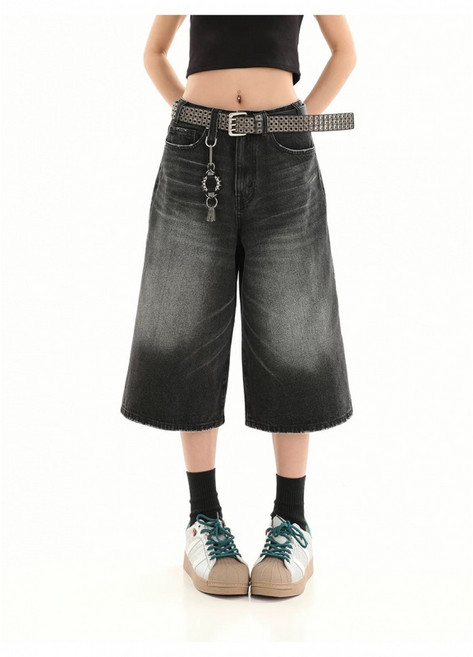 SAHINER 여성 데님 와이드 7부 팬츠 흑청 캐주얼 여름용 데일리룩