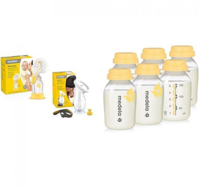 메델라 수동 유축기 세트 완벽한 번들 하모니 모유 수집 저장 병 6개 5온스 기, 펌프 + 병/87095, 1, 6