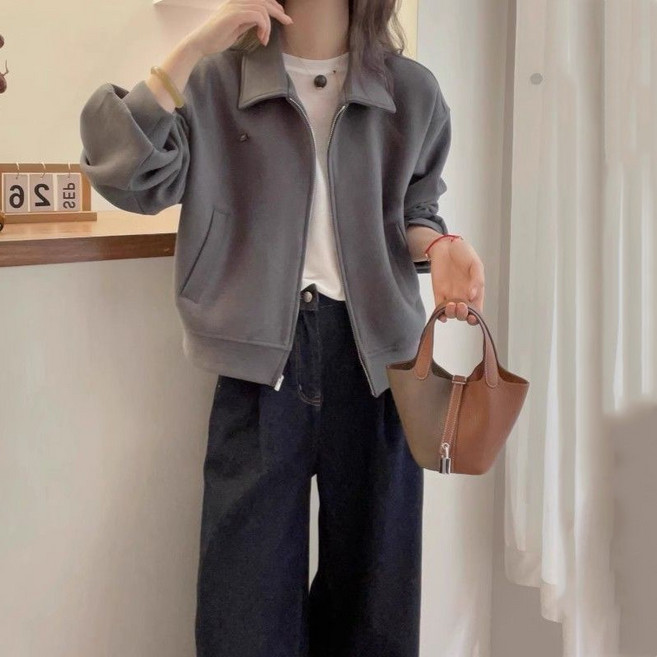 슬림소녀 여성 봄 가을 쇼트 긴팔 집업 자켓 코트 심플 키 작은 루즈핏 캐주얼 칼라 상의