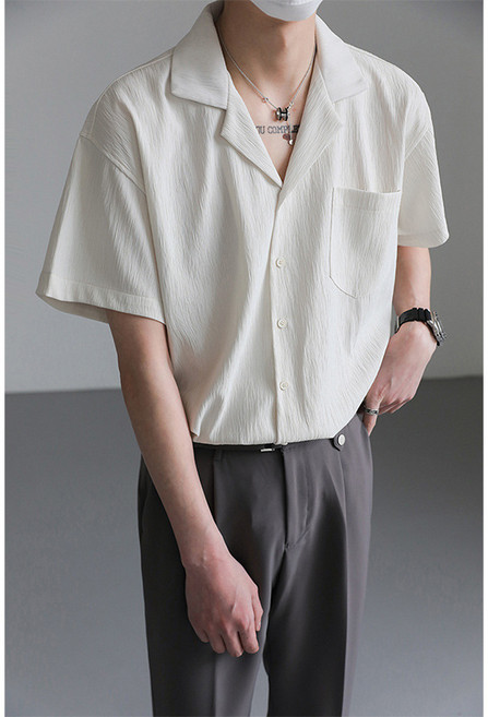 【冰感透氣】冰絲襯衫 短袖襯衫 古巴領襯衫 韓版襯衫 寬鬆襯衫 夏季薄款 肌理設計 白色上衣 潮流百搭 男式休閒