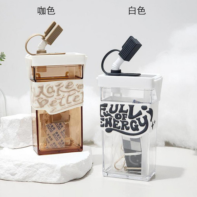 可愛學生吸管杯, CMSH0402方水杯 - 白色, 1套, 370L