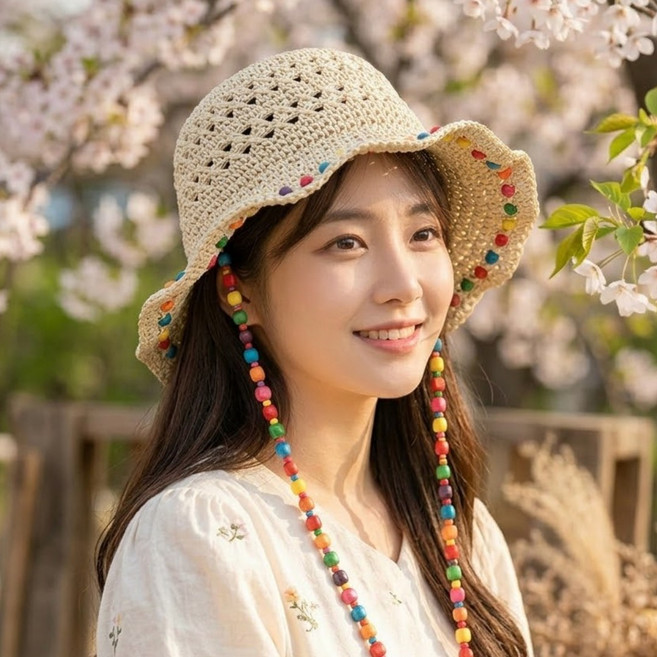 티앤비 봄 여름 라피아 비즈 밀짚 버킷햇