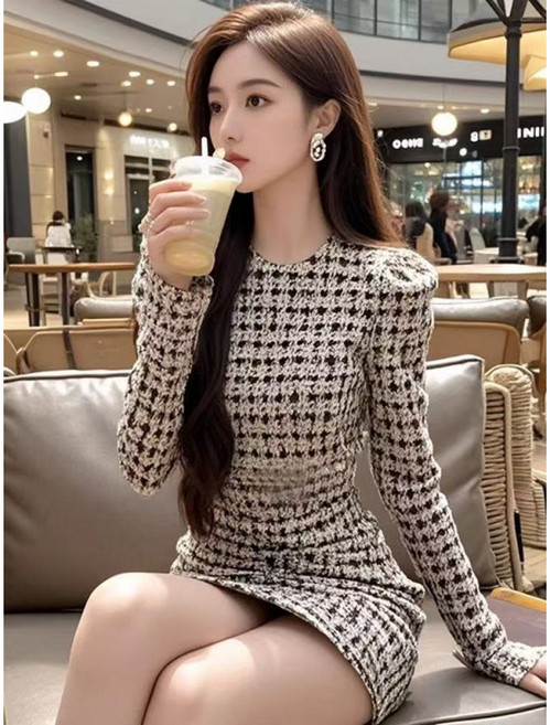 DIU 法式氣質小香風格紋長袖連衣裙春季新款內搭輕奢收腰顯瘦包臀短裙, M