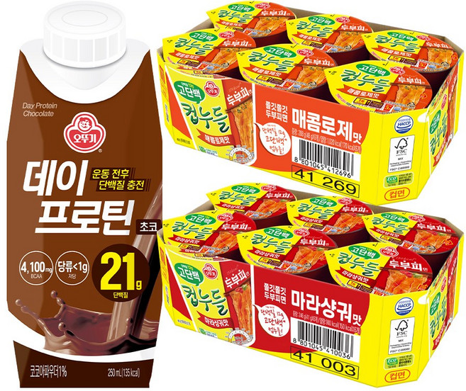 오뚜기 단백질 간편식세트 (데이프로틴 초코 250ml 18개 + 고단백컵누들 매콤로제맛 컵 6개 + 고단백컵누들 마라샹궈맛 컵 6개)