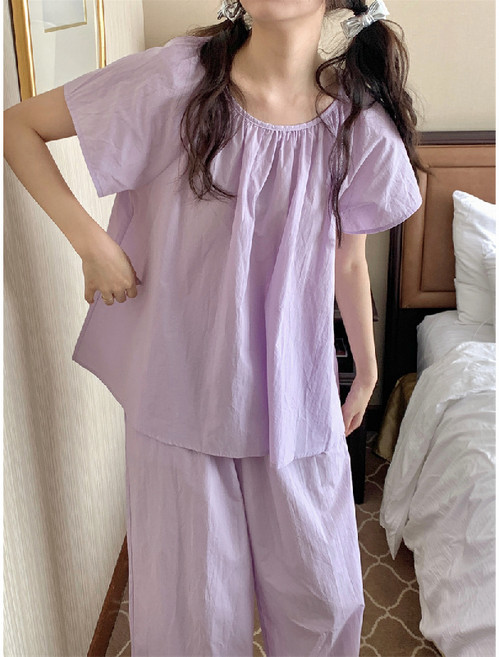 해피유통 여성 파자마 여름 반팔 긴바지 얇은 라운드 루즈핏 캐주얼 슈트 jhwj