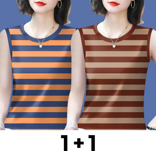 메인워크 1+1 중년 여성 민소매 티셔츠 여름 엄마룩 냉장고 루즈핏 스타일리쉬 데일리 스판 쿨링 스트라이프 나시 상의 2매입