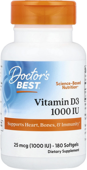 몸에 좋은 Doctor's Best 비타민D3 25mcg(1000IU) 소프트젤 180정, 1개