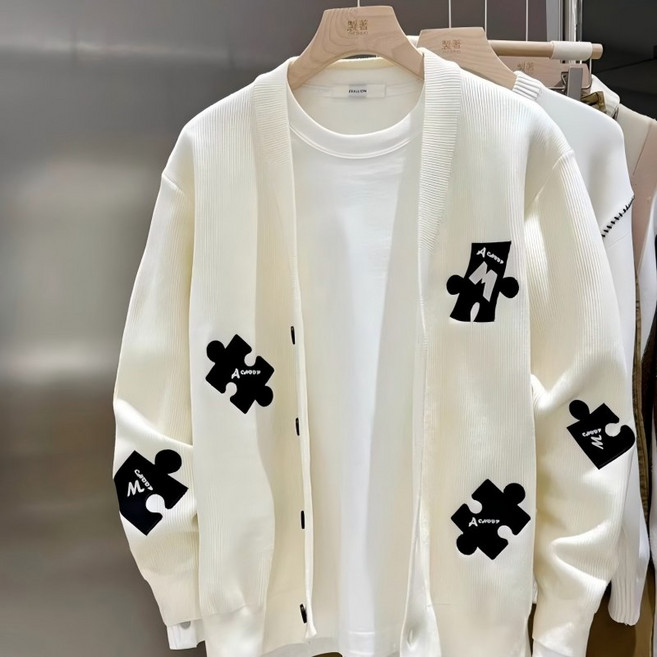 TIMEPURE 남성용 퍼즐 패턴 V넥 카디건 캐주얼하고 트렌디한 데일리 아우터 자카드 디자인과 세련된 컬러 배합의 봄가을 가디건 화이트 오버핏 가디건