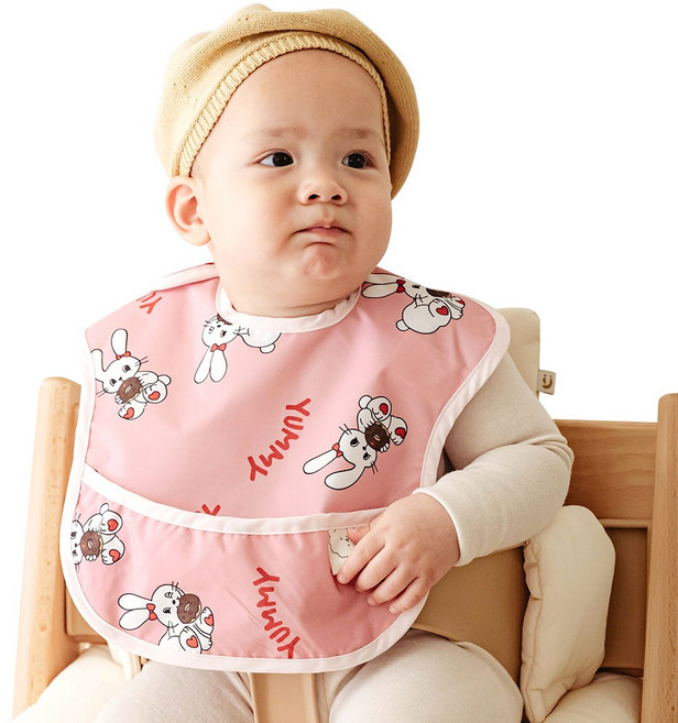 아이주 방수 포켓 턱받이 자기주도이유식 자기주도식 턱받이 신생아 아기 돌 아기 턱받이, 1개, 1개입, 도넛토끼