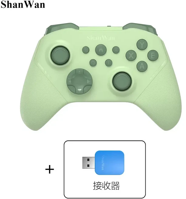 ShanWan 經典Xbox佈局 藍芽無線遊戲手柄 三模連線 六軸陀螺儀 霍爾搖桿, Q34B薄荷綠 接收器, 1個, T4N