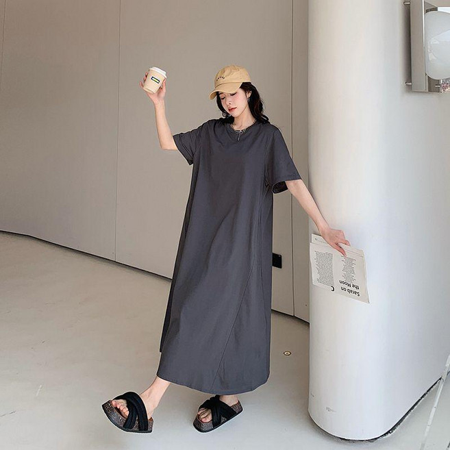 大尺碼 短袖洋裝 夏季寬鬆過膝T恤裙 女 顯瘦休閒長裙 有口袋, 灰色,4XL