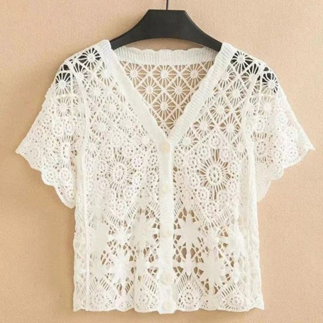 여성 봄여름 브이넥 얇은 펀칭 니트 가디건 반팔 상의