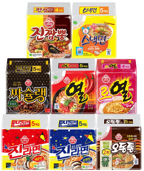 오뚜기 봉지라면 8종세트 (오동통면+짜슐랭+진짬뽕+로열라면+열라면+진라면순한맛+진라면매운맛+스낵면)