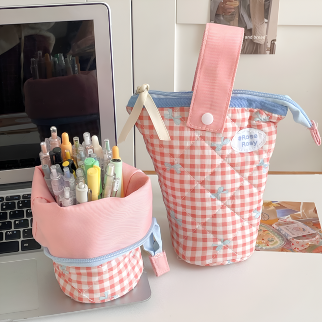 가온루트 체크 리본 접이식 원통 귀여운 필통, 1개, 로즈레드