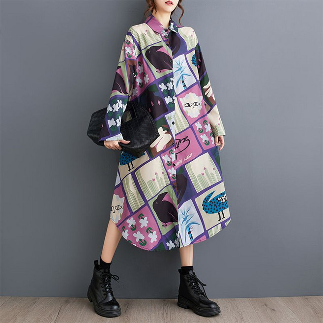 프린트 셔츠형 롱 원피스 통 큰 화려한 드레스 남방 카라 봄 가을 특이한 무늬 패턴 중년