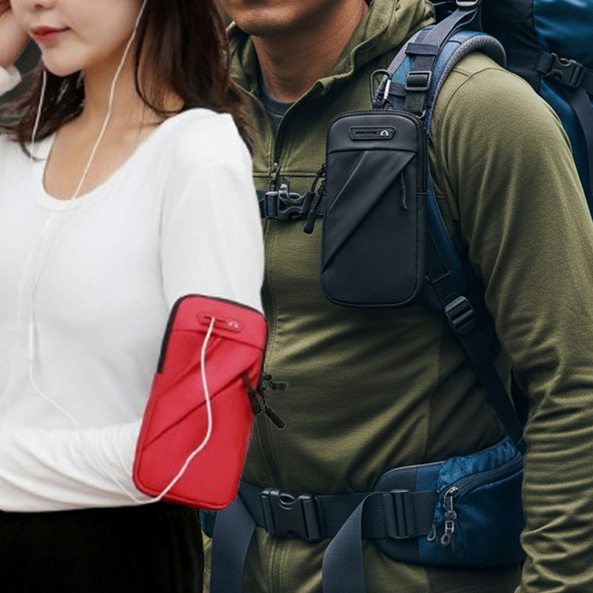 leoq 등산가방 보조가방 카라비너 핸드폰 파우치 케이스 암밴드, 블랙, 1개