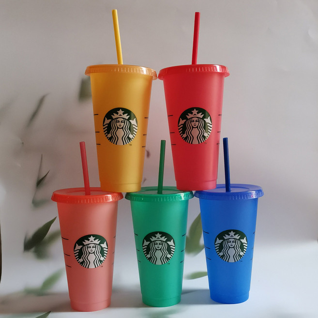 뚜껑 색상이있는 5 pcs 710ml 밀짚 컵 로고가있는 커피 컵 변경 재사용 가능한 컵 플라스틱 텀블러 매트 마감 커피 잔, 1, 그림과 같이