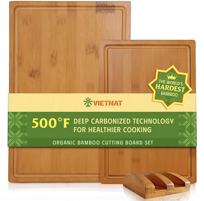 세트 탄화 베트남에서 마감 도마 수작업으로 보드 무독성 대나무 및 샤퀴테리용 2개 포함 있는 방지 홀더 발 홈이 미끄럼 주스 매끄러운 베트남 양면 준비 제작