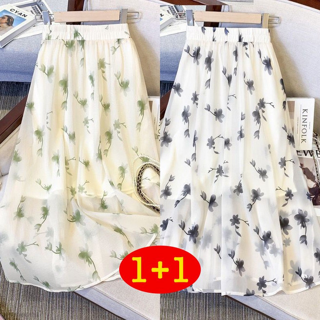 AOKADA 1+1 여성 플라워 나염 롱 스커트 밴딩 A라인 꽃무늬 치마 살랑이는 여름 하의