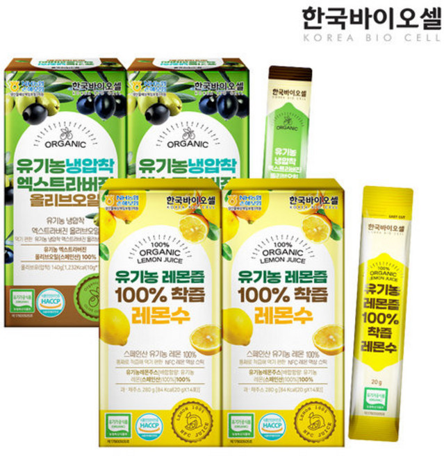 한국바이오셀 유기농 올레샷 100% 올리브오일 2개(10g x 28포) + 레몬즙 스틱 2개(20g x 28포), 10g