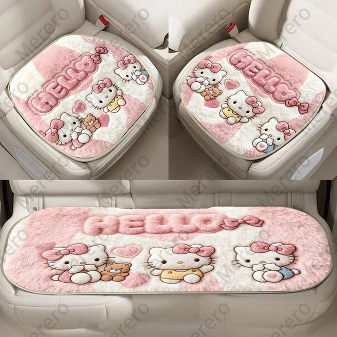 Merero 키티 자동차 겨울방석 뒷좌석+앞좌석 풀옵션 운전석 뒷좌석 여성 차량 시트 방석, 3개, 핑크