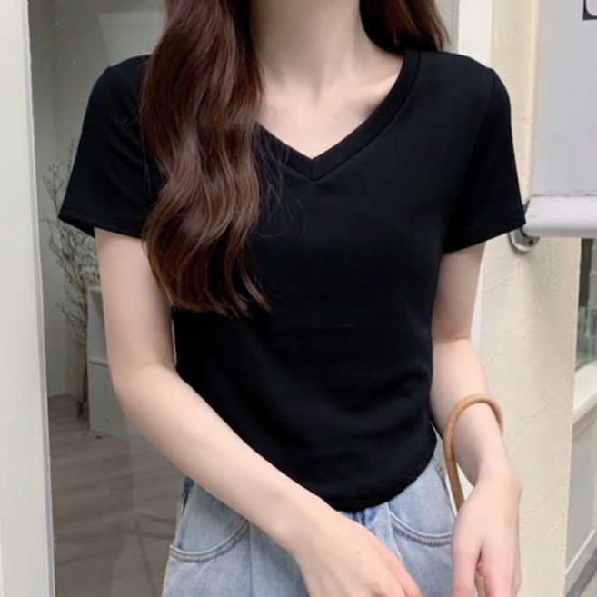 여름 슬림핏 브이넥 반팔티 라운드 밑단 보정 티셔츠
