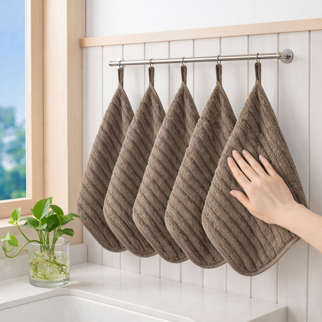 공온 모던 극세사 주방 고리 핸드타월, 5개, 브라운