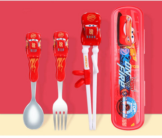 [당일발송] 디즈니 수저세트 정품인증 맥퀸카 디즈니카 교정용 젓가락 스푼 포크 케이스, 수저젓가락포크 3종, 1세트, 레드